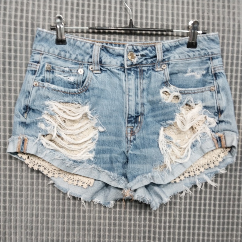 American Eagle Womens Jean Shorts‎ Hi-Rise Festival Distressed Crochet 4 Blue